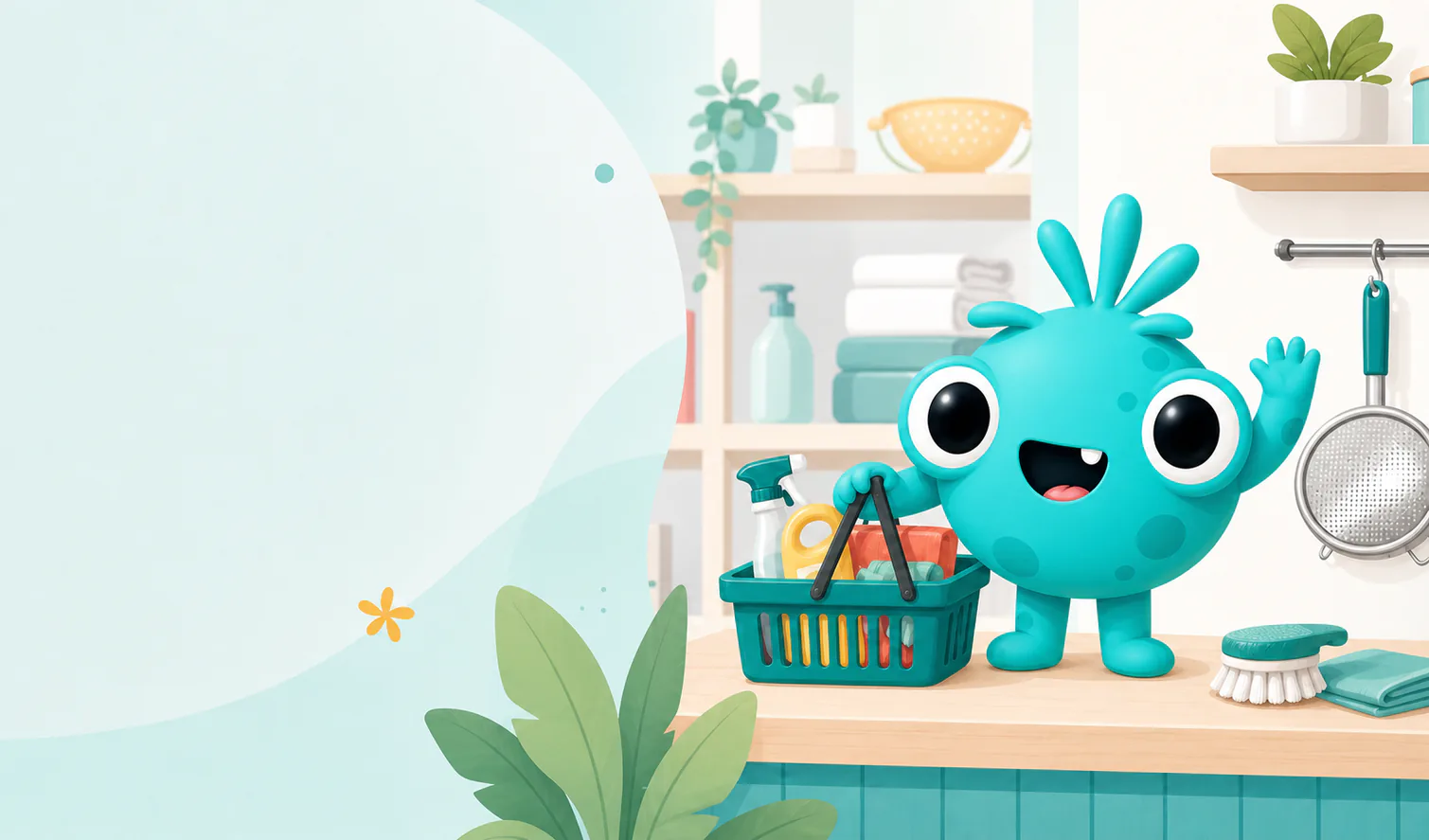 tien-di, la mascota de la tienda, saludando junto a productos de hogar y limpieza