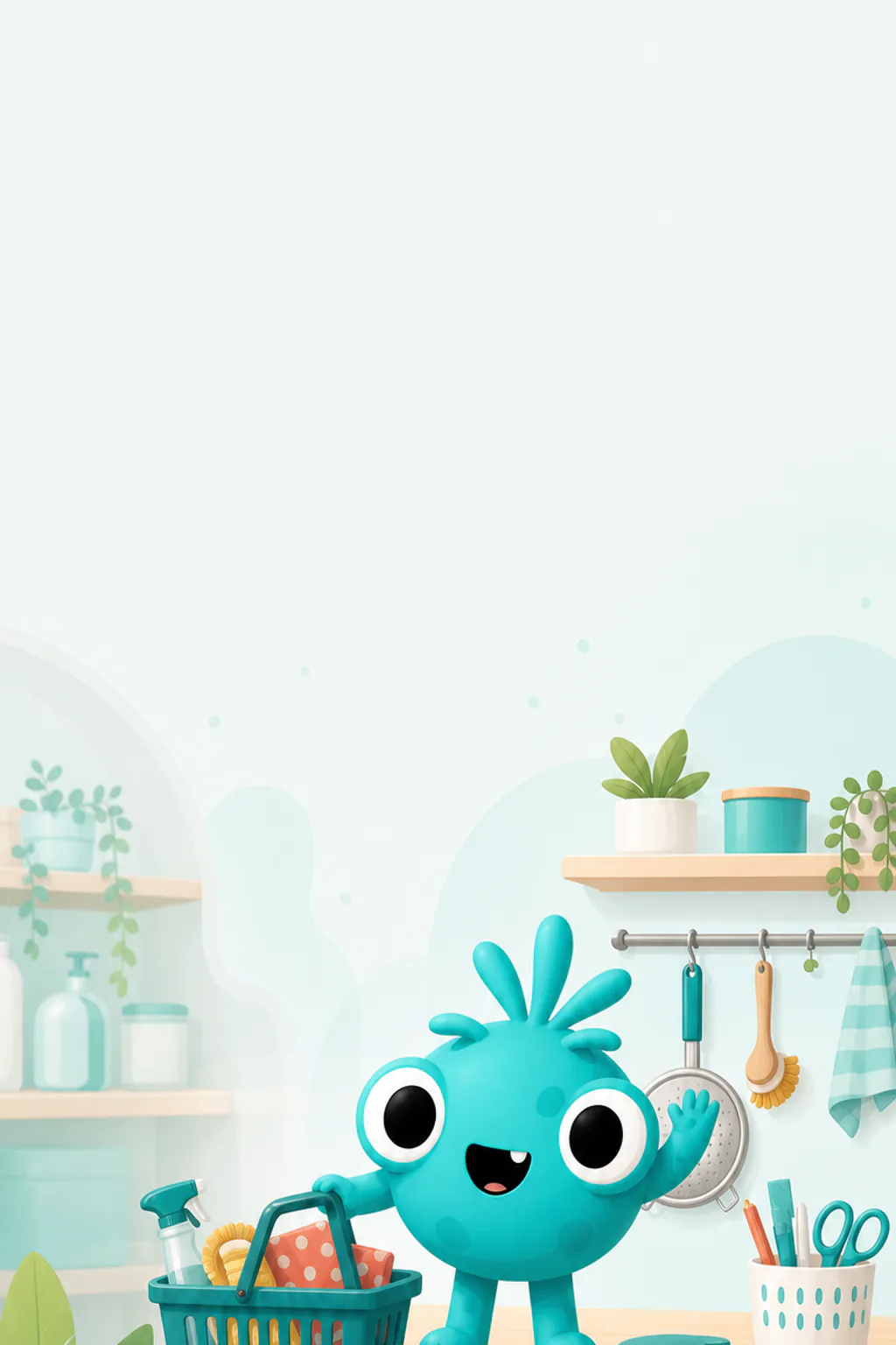 tien-di, la mascota de la tienda, saludando junto a productos de hogar y limpieza